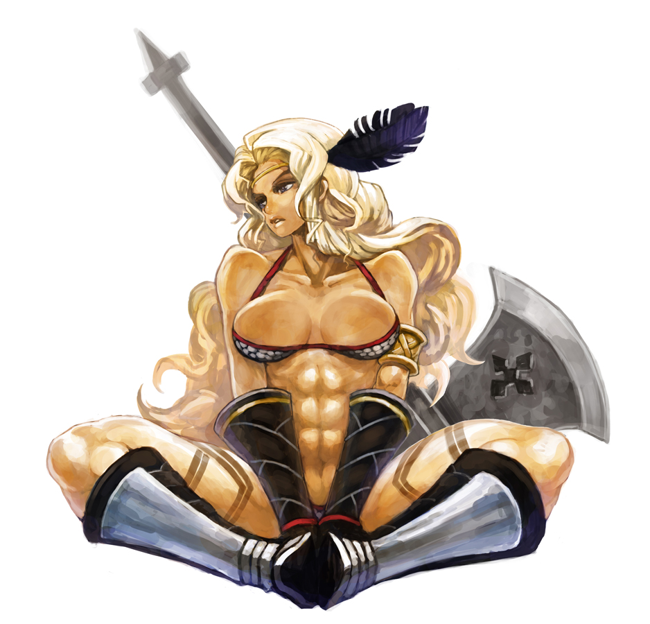 1girl abs amazon_(dragon's_crown) armlet armor axe bad_id bikini bikini_armor blonde_hair boots breasts circlet dragon's_crown feathers gloves green_eyes halberd lack large_breasts long_hair muscle panties polearm sitting solo swimsuit tattoo thick_thighs thighs thong thong_bikini underwear vanillaware weapon