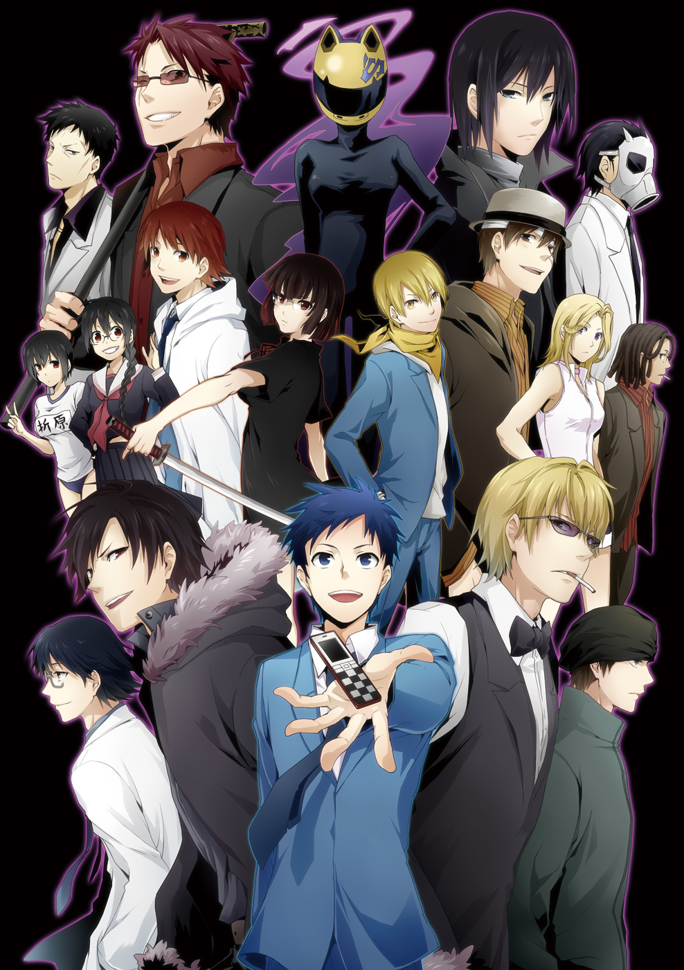 5girls 6+boys akabayashi black_hair blonde_hair blue_eyes braid brown_eyes brown_hair celty_sturluson durarara!! hat heiwajima_kasuka heiwajima_shizuo highres kadota_kyouhei kida_masaomi kishitani_shingen kishitani_shinra kuronuma_aoba long_hair mitsuyoshi_yoshimune multiple_boys multiple_girls orihara_izaya orihara_kururi orihara_mairu red_eyes redhead rokujou_chikage ryuugamine_mikado shiki_(durarara!!) short_hair sonohara_anri sumesora sunglasses tanaka_tom vorona yellow_eyes