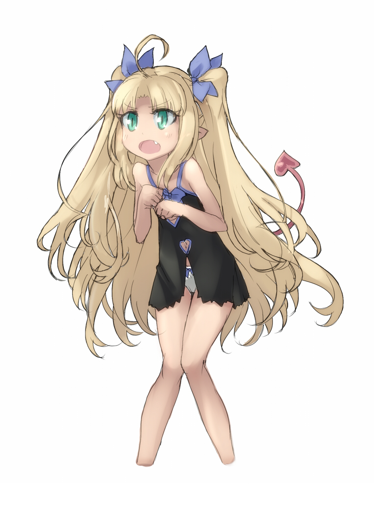 1girl ahoge astarotte_ygvar astcd2 blonde_hair bow cropped_legs demon_tail fang green_eyes hair_bow knees_together_feet_apart knees_touching long_hair lotte_no_omocha! navel navel_cutout open_mouth panties pointy_ears simple_background slit_pupils solo tail twintails underwear very_long_hair