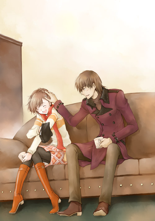 1boy 1girl aragaki_shinjirou atlus beanie brown_eyes brown_hair closed_eyes couch couple double-breasted female_protagonist_(persona_3) hat hat_removed headwear_removed hetero holding holding_hat pantyhose pat persona persona_3 persona_3_portable petting sananan scarf skirt smile trench_coat