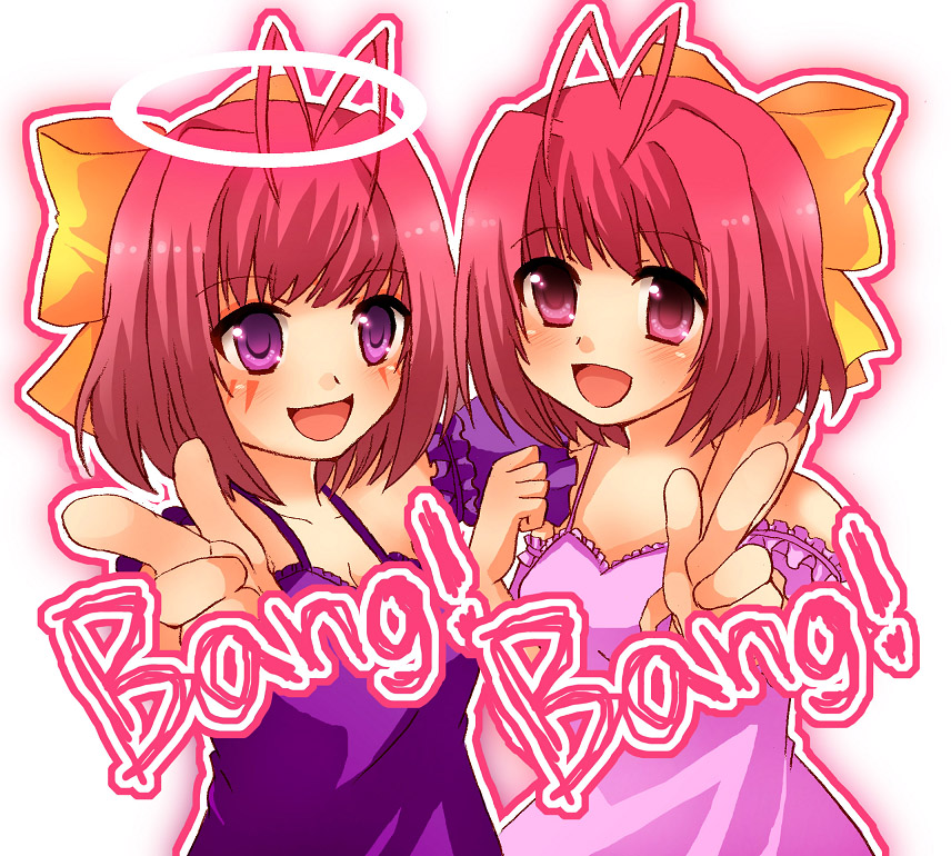 2girls antenna_hair apollo_(kaminomi) bang bow dual_persona finger_gun goddess hair_bow hair_ornament kami_nomi_zo_shiru_sekai multiple_girls nakagawa_kanon open_mouth oyazineko pink_eyes pink_hair smile violet_eyes