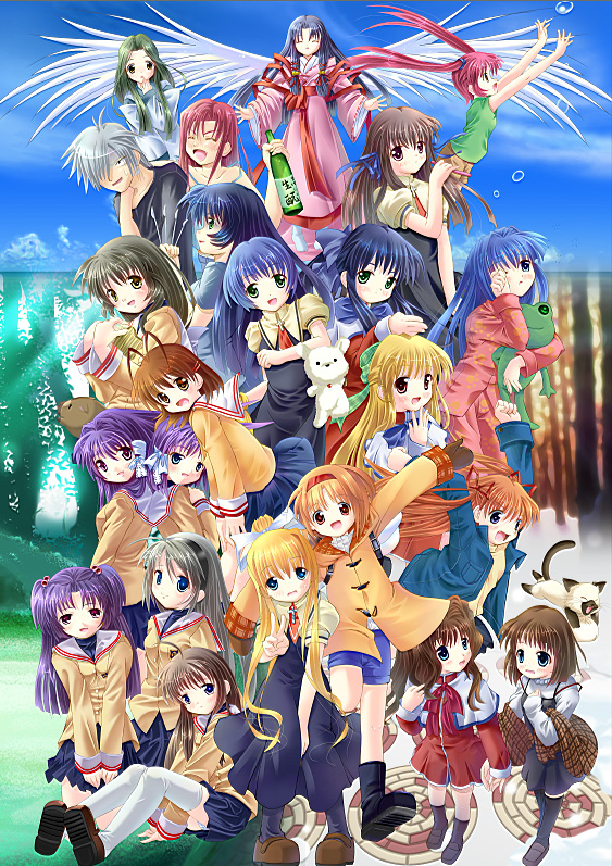 1boy 6+girls ahoge air alcohol antenna_hair arms_up back-to-back baozi bell black_hair black_legwear blonde_hair blue_eyes blue_hair boar boots botan bottle bow brown_hair bubble cat clannad closed_eyes clouds company_connection cross cross_necklace dog drinking_straw everyone food forest frog fujibayashi_kyou fujibayashi_ryou furukawa_nagisa green_eyes green_hair hair_bell hair_bobbles hair_bow hair_intakes hair_ornament hair_ribbon hairband ibuki_fuuko ichinose_kotomi japanese_clothes jewelry kamio_haruko kamio_misuzu kannabi_no_mikoto kanon kawasumi_mai keropii key_(company) kirishima_hijiri kirishima_kano kunisaki_yukito kurata_sayuri long_hair michiru_(air) minase_nayuki misaka_kaori misaka_shiori mittens miyazawa_yukine multiple_girls nashigo nature necklace nikuman ocean open_mouth orange_hair outstretched_arm pajamas panties pantyshot pantyshot_(sitting) piro ponytail poster potato_(air) purple_hair red_eyes redhead ribbon road rosary rubbing_eyes sakagami_tomoyo sake sawatari_makoto scalpel school_uniform shaded_face short_hair siblings silver_hair sisters sitting sky sleepy smile snow socks stole straw street stuffed_animal stuffed_toy sweatdrop thigh-highs toono_minagi tsukimiya_ayu twintails underwear uraha v white_legwear wings yellow_eyes