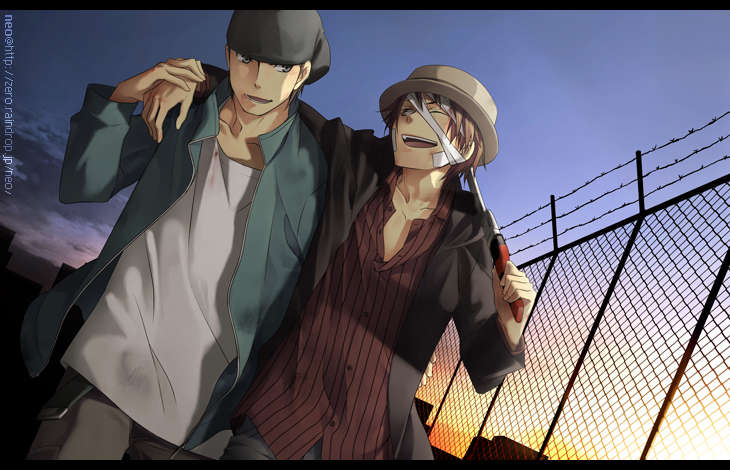 2boys bandage barbed_wire brown_hair casual chain_link durarara!! fence grin hat holding injury jacket kadota_kyouhei leaning male_focus multiple_boys outdoors pinstripe_pattern rokujou_chikage shirt sky smile striped striped_shirt sunset walking weapon
