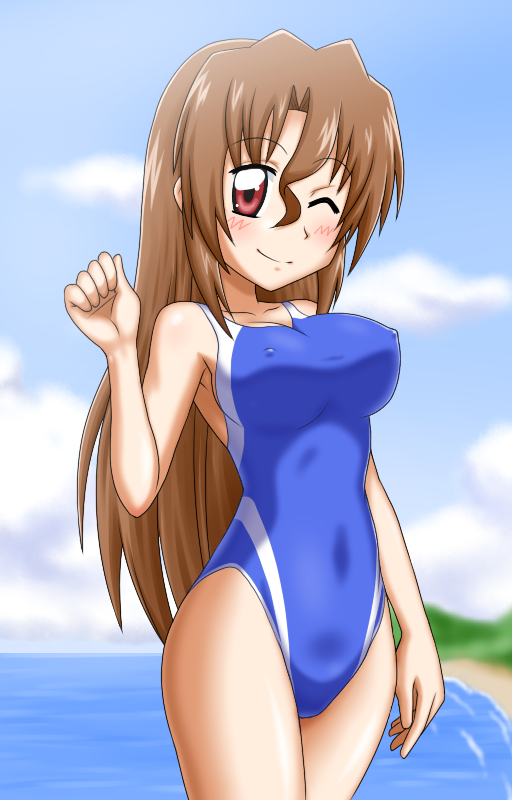1girl beach breasts brown_hair competition_swimsuit erect_nipples goriate hayate_no_gotoku! long_hair maria_(hayate_no_gotoku!) ocean one-piece_swimsuit one_eye_closed red_eyes smile solo swimsuit wink
