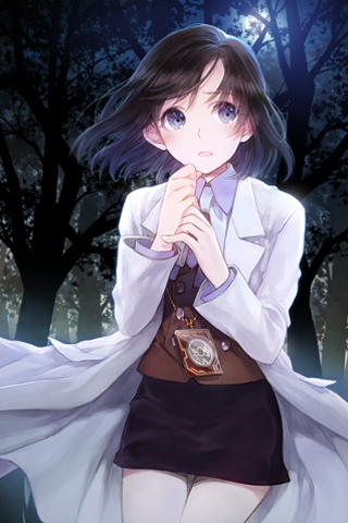 1girl arms_up bangs black_eyes black_hair clenched_hand dress_shirt hakou_(barasensou) jewelry labcoat lowres miniskirt moon necklace night open_mouth ophelia_(sword_girls) outdoors parted_bangs pencil_skirt scientist shirt short_hair skirt solo sword_girls visitor_ophelia