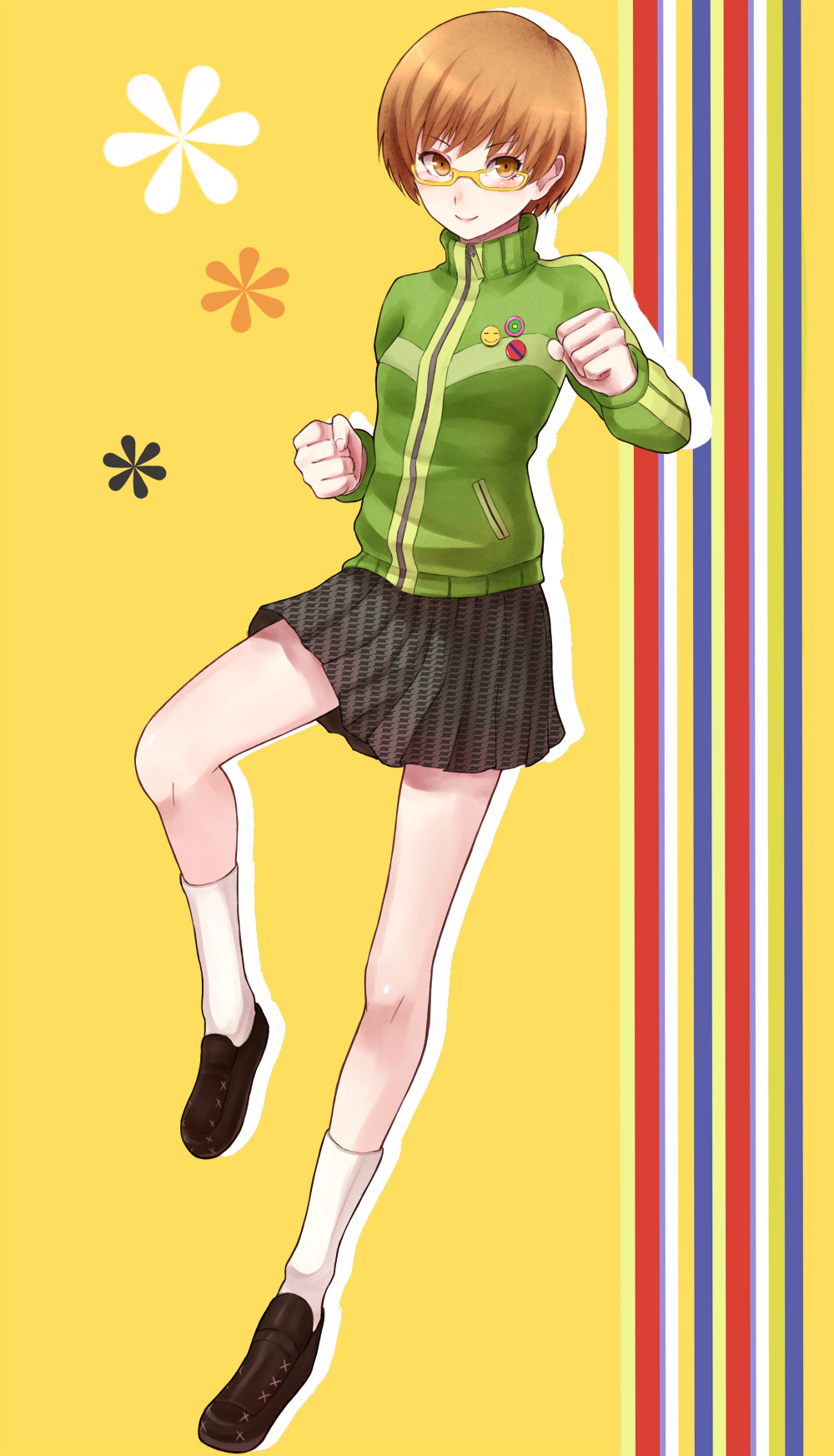 1girl atlus brown_eyes brown_hair fighting_stance glasses highres legs persona persona_4 purea satonaka_chie school_uniform shoes short_hair skirt smiley_face socks solo track_jacket yellow-framed_glasses