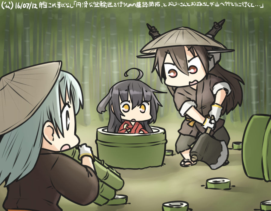3girls ahoge alternate_costume aqua_eyes aqua_hair axe bamboo bamboo_forest black_hair carrying_over_shoulder commentary_request crescent crescent_moon_pin dated forest gloves glowing hamu_koutarou hat headgear holding holding_axe japanese_clothes kantai_collection long_hair mikazuki_(kantai_collection) multiple_girls nagato_(kantai_collection) nature open_mouth red_eyes suzuya_(kantai_collection) taketori_monogatari white_gloves yellow_eyes