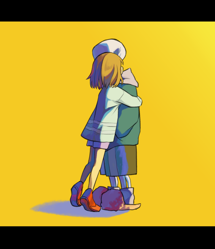 1boy 77777054 androgynous blood bloody_clothes brown_hair frisk_(undertale) from_side hand_in_pocket hood hood_down hug letterboxed long_sleeves red_shoes sans shadow shirt shoes short_hair shorts simple_background skeleton slippers socks standing striped striped_shirt undertale yellow_background