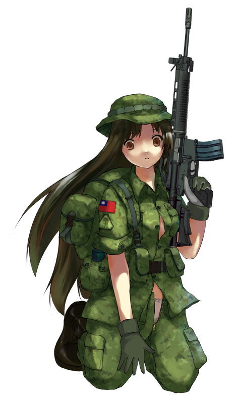 1girl 5.56x45mm_nato army assault_rifle backpack bag boots camouflage canteen digital gloves gun hat long_hair military military_uniform panties rifle simple_background solo t-91 taiwan unbuttoned underwear uniform unzipped weapon white_background