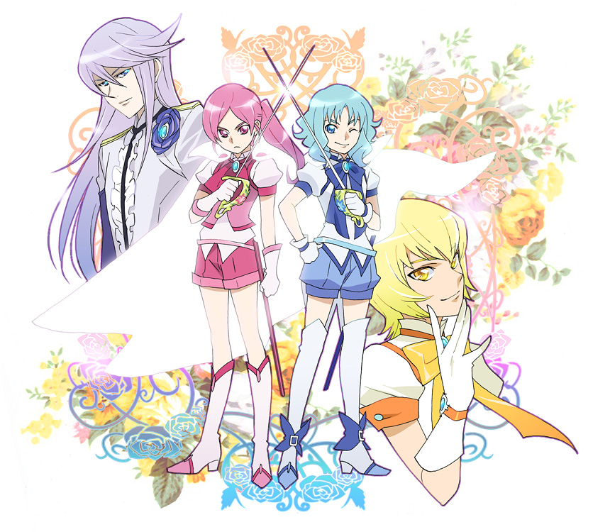 4boys blonde_hair blue_eyes blue_hair boots cure_blossom cure_marine cure_moonlight cure_sunshine flower genderswap genderswap_(ftm) gloves hair_flower hair_ornament hanasaki_tsubomi heartcatch_precure! knee_boots komejiru_tatsunoshin kurumi_erika long_hair magical_girl male_focus multiple_boys myoudouin_itsuki pink_eyes pink_hair ponytail precure purple_hair rapier ribbon short_hair skirt sword thigh-highs thigh_boots tsukikage_yuri violet_eyes weapon white_background white_gloves wink yellow_eyes