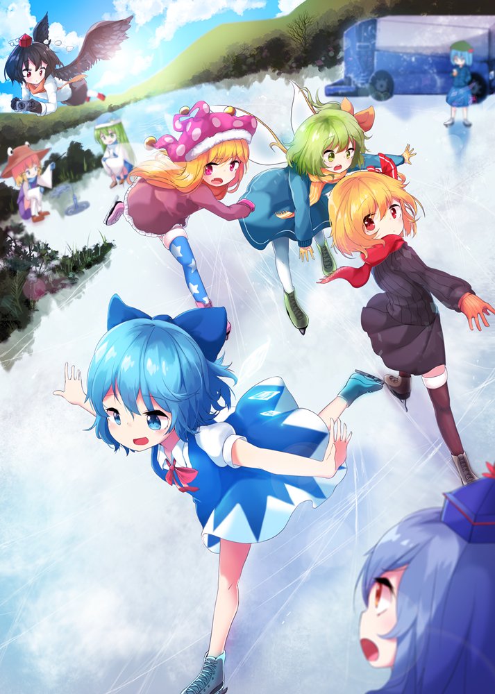 6+girls american_flag_legwear black_hair black_legwear blonde_hair blue_eyes blue_hair bow camera cirno clownpiece coat daiyousei dress fairy_wings flying gloves green_eyes green_hair hat ice ice_skates ice_skating jester_cap kamishirasawa_keine kawashiro_nitori kochiya_sanae leaning_forward long_hair moriya_suwako multiple_girls open_mouth outdoors outstretched_arms red_eyes ribbon rumia scarf shameimaru_aya shirt short_hair side_ponytail skates skating skirt smile squatting sweater thigh-highs touhou white_legwear wings zettai_ryouiki