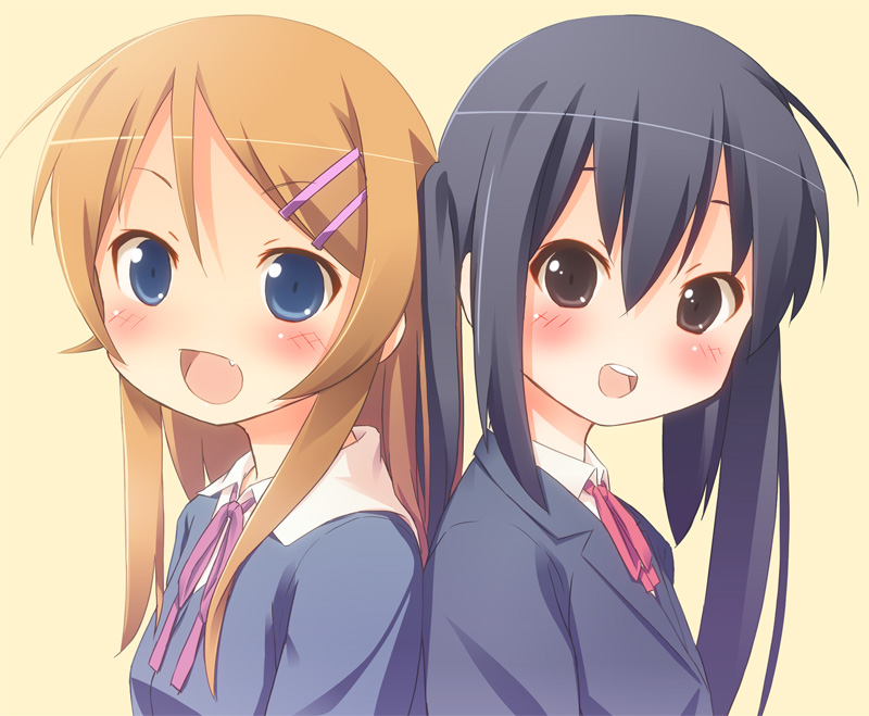 2girls ascii_media_works black_hair blue_eyes blush crossover fang k-on! kousaka_kirino long_hair multiple_girls nakano_azusa open_mouth orange_hair ore_no_imouto_ga_konna_ni_kawaii_wake_ga_nai ramble round_teeth seiyuu_connection taketatsu_ayana teeth twintails