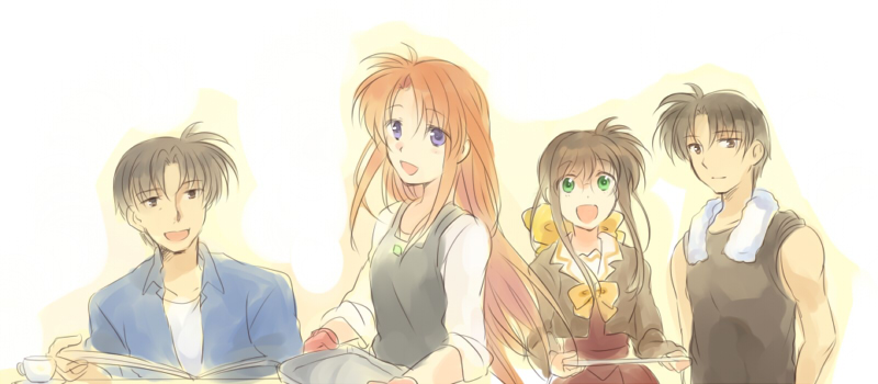 00s 2boys 2girls blue_eyes bow bowtie brown_eyes brown_hair cup family lyrical_nanoha mahou_shoujo_lyrical_nanoha multiple_boys multiple_girls newspaper open_mouth redhead simple_background sleeves_rolled_up smile takamachi_kyouya takamachi_miyuki takamachi_momoko takamachi_shirou takana teacup towel tray triangle_heart triangle_heart_3
