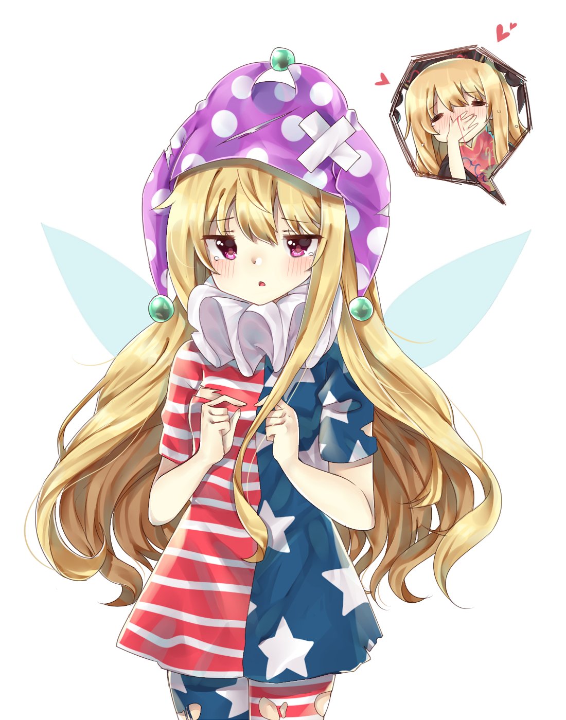2girls american_flag_dress american_flag_legwear american_flag_shirt bandaid blonde_hair blood blush cheunes closed_eyes clownpiece covering_mouth covering_nose dress fairy_wings full-face_blush hat highres jester_cap junko_(touhou) long_hair multiple_girls nosebleed pantyhose red_eyes short_dress tears torn_clothes torn_pantyhose touhou very_long_hair wings