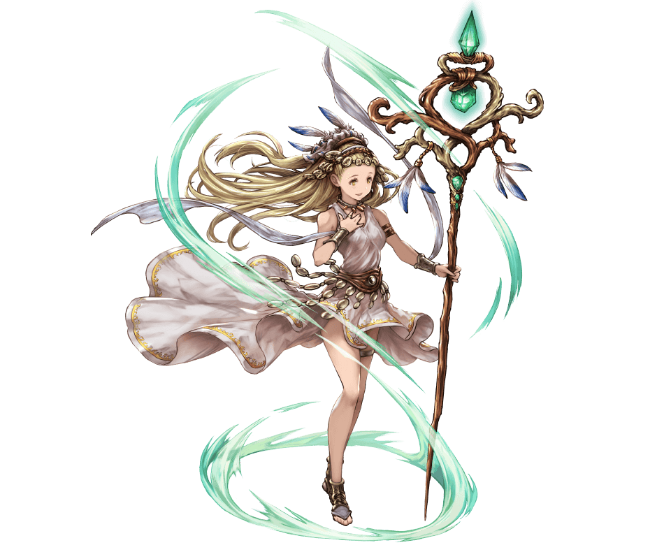 1girl arm_guards armlet bare_shoulders blonde_hair breasts collar dress feathers full_body granblue_fantasy hand_on_own_chest headdress holding jewelry long_hair minaba_hideo petra_(granblue_fantasy) sandals simple_background solo staff white_dress yellow_eyes