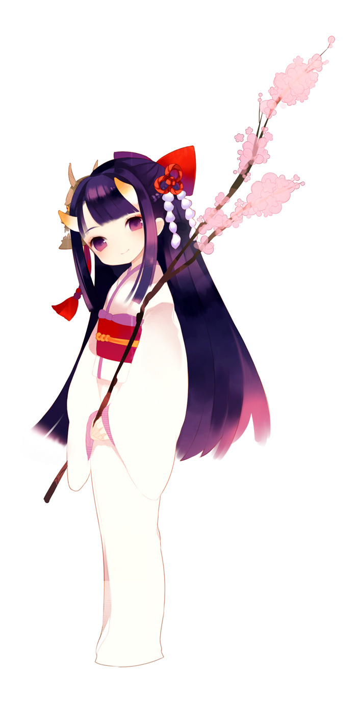 1girl black_hair bow cherry_blossoms female flower full_body hair_bow head_tilt highres hime_cut hinomoto_oniko horns long_hair looking_at_viewer original puti_devil simple_background smile solo standing upright v_arms violet_eyes white_background