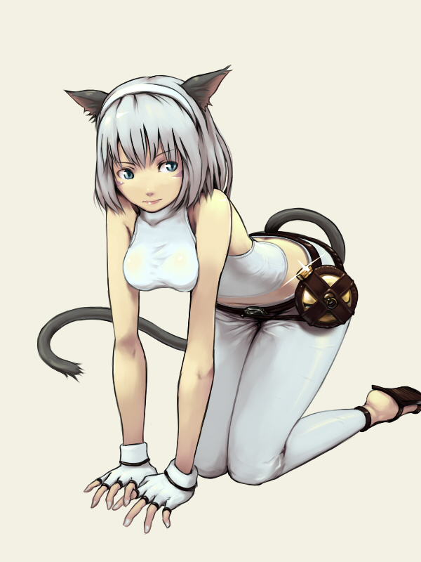 1girl all_fours animal_ears bare_shoulders belt blue_eyes canteen cat_ears cat_tail final_fantasy final_fantasy_xiv fingerless_gloves gloves hairband midriff miqo'te pants sandals short_hair sleeveless sleeveless_turtleneck solo tail tororoto turtleneck white_hair