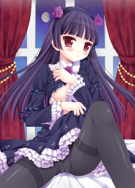 1girl black_legwear blush breasts crotch_seam dress dress_lift flower gokou_ruri gothic_lolita hair_flower hair_ornament hairband lolita_fashion mole moon open_clothes open_mouth ore_no_imouto_ga_konna_ni_kawaii_wake_ga_nai panties panties_under_pantyhose pantyhose petticoat purple_rose red_eyes rose sakura_chidori sitting solo star thigh-highs thighband_pantyhose underwear