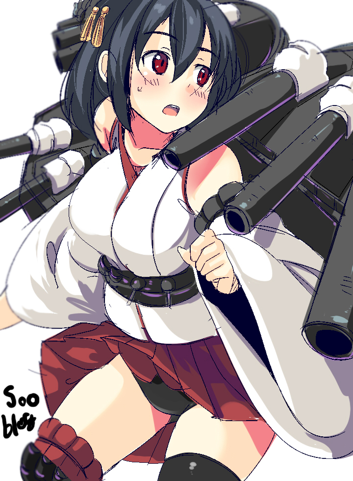 1girl black_gloves black_hair black_panties breasts cannon detached_sleeves gloves hair_ornament headgear japanese_clothes kantai_collection kneepits looking_to_the_side machinery nontraditional_miko obi open_mouth panties red_eyes red_skirt sash short_hair skirt solo turret underwear wide_sleeves yamashiro_(kantai_collection)
