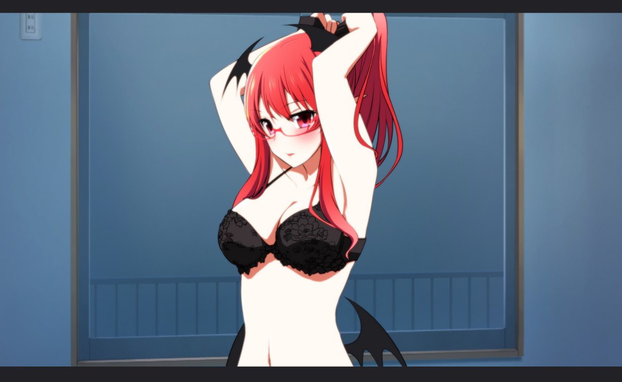 1girl adjusting_hair armpits arms_up bat_wings bespectacled black_bra blush bra breasts commentary_request glasses head_wings koakuma large_breasts looking_at_viewer low_wings navel pointy_ears red-framed_eyewear red_eyes redhead solo touhou underwear upper_body wall window wings yumi_(careca398)