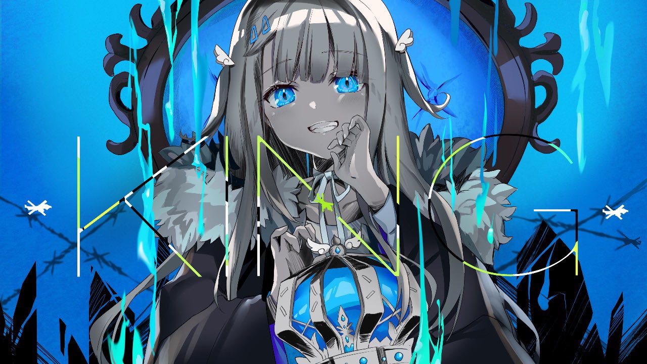 1girl amatsuka_uto bangs barbed_wire black_collar blue_background blue_eyes blue_theme blush chair coat collar crown crown_removed english_commentary english_text fur-trimmed_coat fur_trim grin hair_ornament hairclip holding_crown indie_virtual_youtuber king_(vocaloid) long_hair looking_at_viewer nana_kagura official_art second-party_source smile solo song_name teeth throne virtual_youtuber