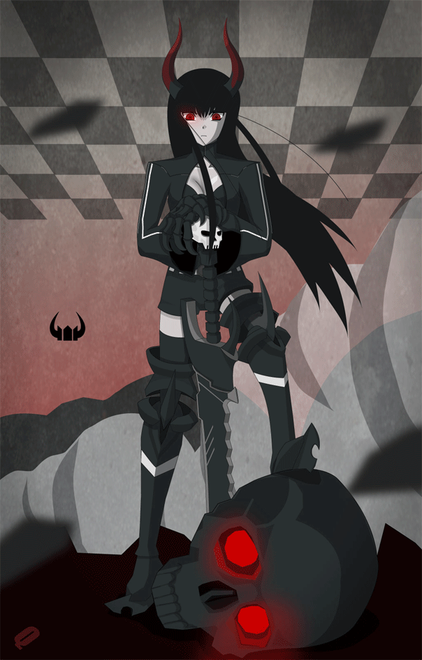 animated animated_gif black_gold_saw black_hair black_rock_shooter boots checkered claws horns jacket long_hair red_eyes skull smoke staring sword thigh-highs weapon