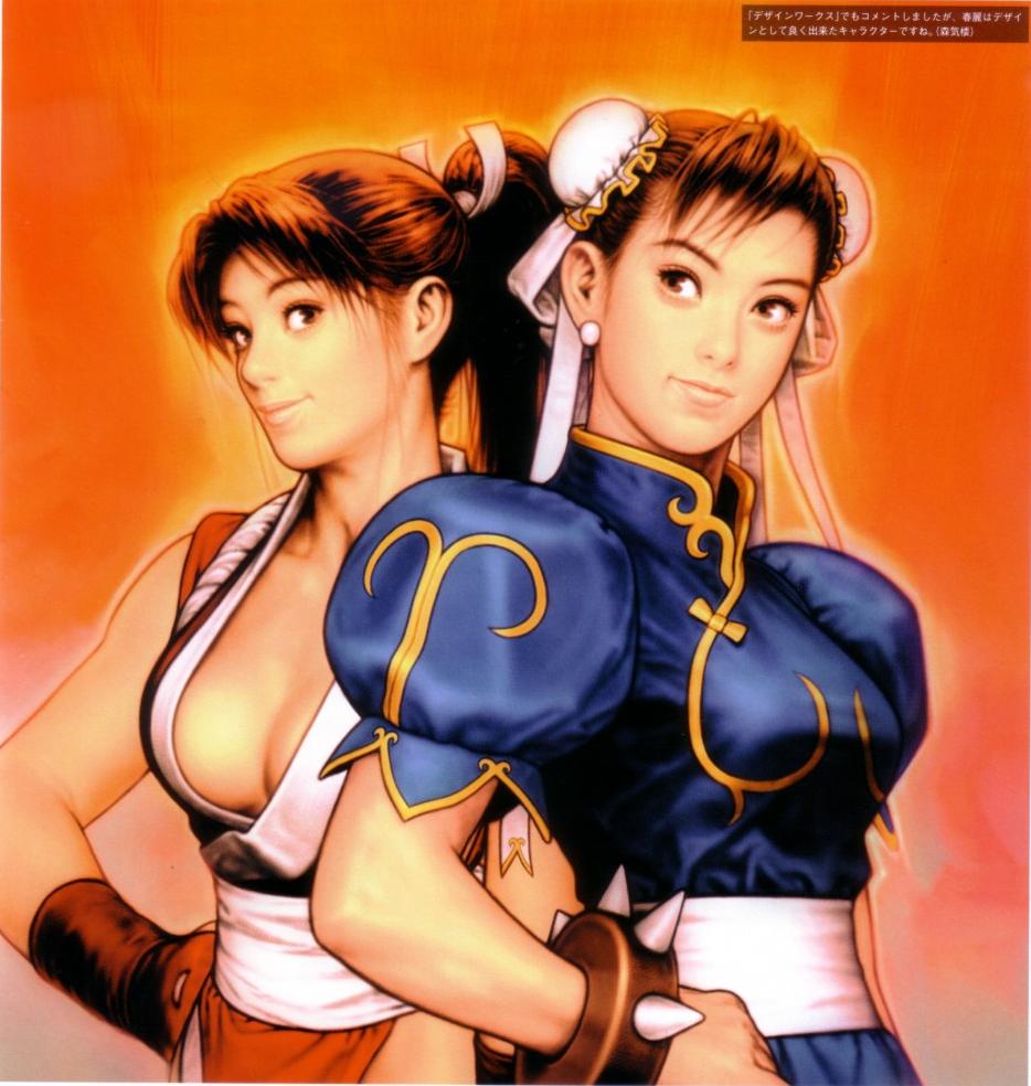 2girls bracelet breasts brown_eyes brown_hair bun_cover capcom china_dress chinese_clothes chun-li cleavage double_bun dress earrings fatal_fury fingerless_gloves gloves hair_tie hand_on_hip japanese_clothes jewelry king_of_fighters long_hair mori_toshiaki multiple_girls official_art pelvic_curtain ponytail puffy_sleeves sash shiranui_mai short_hair simple_background sleeveless smile snk spiked_bracelet spikes standing street_fighter the_king_of_fighters