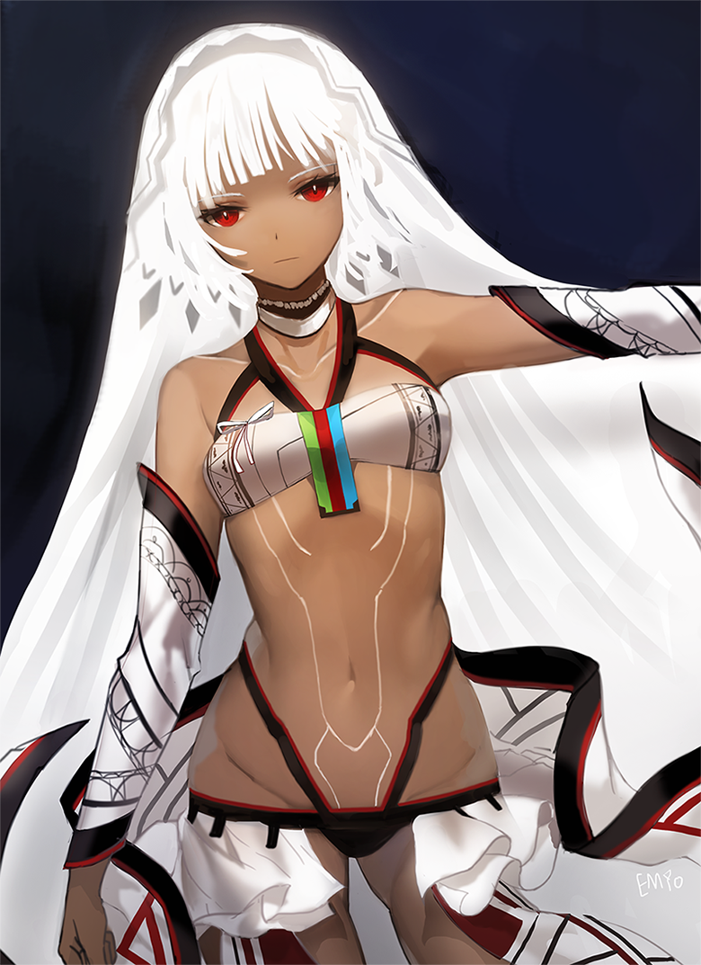1girl attila_(fate/grand_order) bare_shoulders dark_skin detached_sleeves fate/grand_order fate_(series) full_body_tattoo looking_at_viewer midriff navel red_eyes short_hair solo tattoo veil white_hair yumaomi