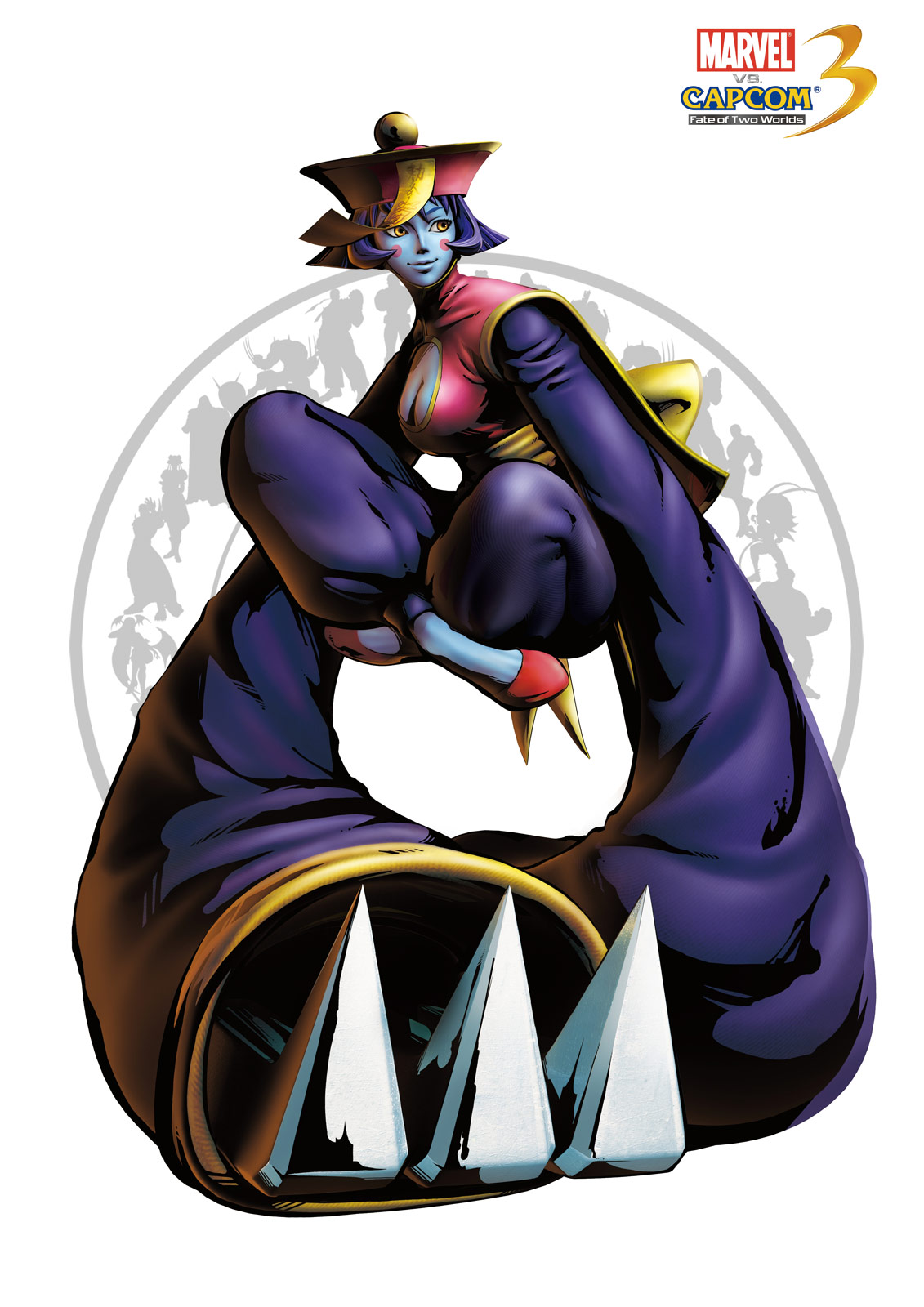 1girl blue_skin blush_stickers breasts capcom claws cleavage cleavage_cutout double_bun flipped_hair gun hair_ribbon handgun hat head_wings headband highres hood indian_style jiangshi knife large_breasts lei_lei low_wings marvel marvel_vs._capcom marvel_vs._capcom_3 mori_toshiaki official_art ofuda purple_hair ribbon short_hair silhouette sitting sleeves_past_wrists smile solo vampire_(game) weapon wings yellow_eyes