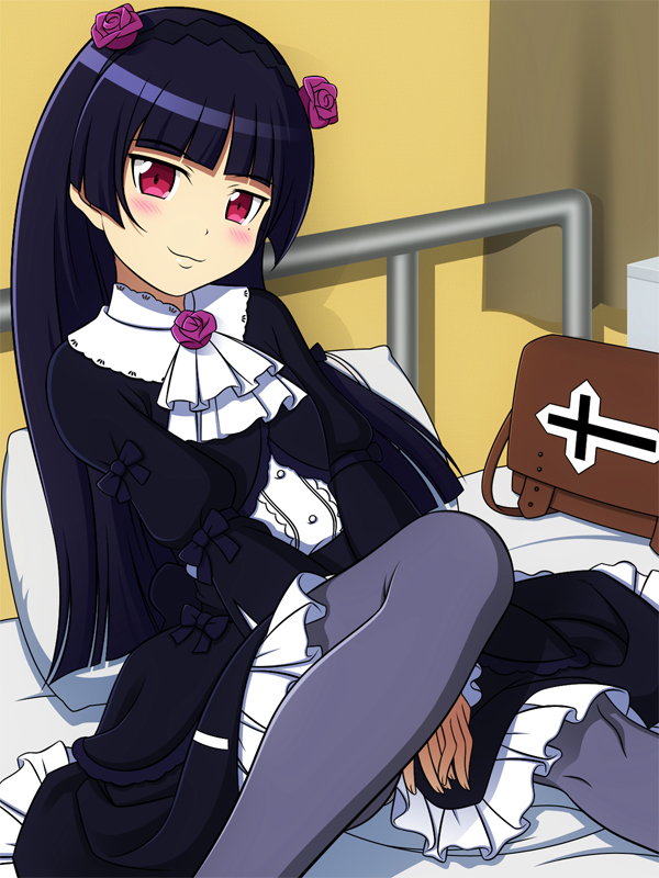 1girl :3 bad_id bag bed black_hair dress gokou_ruri gothic_lolita ito_hajime lolita_fashion long_hair ore_no_imouto_ga_konna_ni_kawaii_wake_ga_nai pantyhose red_eyes solo