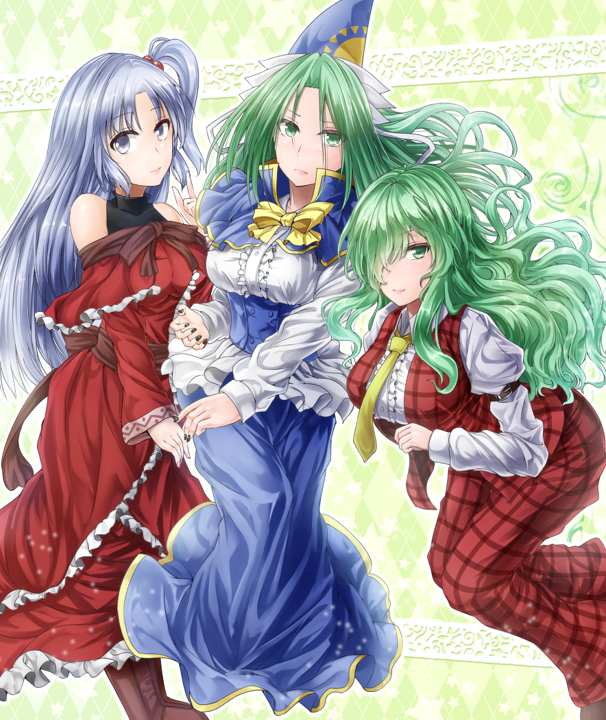3girls argyle argyle_background arm_garter bare_shoulders black_nails blue_skirt bow bowtie breasts capelet closed_mouth dress dress_shirt fingernails framed_breasts frilled_dress frills green_eyes green_hair grey_eyes hair_bobbles hair_ornament hair_over_one_eye hat juliet_sleeves kazami_yuuka kazami_yuuka_(pc-98) large_breasts layered_dress leaning_forward light_smile lips long_hair long_skirt long_sleeves looking_at_viewer mima multiple_girls nail_polish necktie off-shoulder_dress off_shoulder open_clothes open_vest pants plaid plaid_skirt plaid_vest puffy_sleeves red_dress red_pants red_vest sash shinki shirt side_ponytail sidelocks silver_hair skirt skirt_set sleeveless sleeveless_turtleneck star touhou touhou_(pc-98) turtleneck underbust very_long_hair vest white_shirt wizard_hat y2 yellow_bow yellow_bowtie yellow_necktie