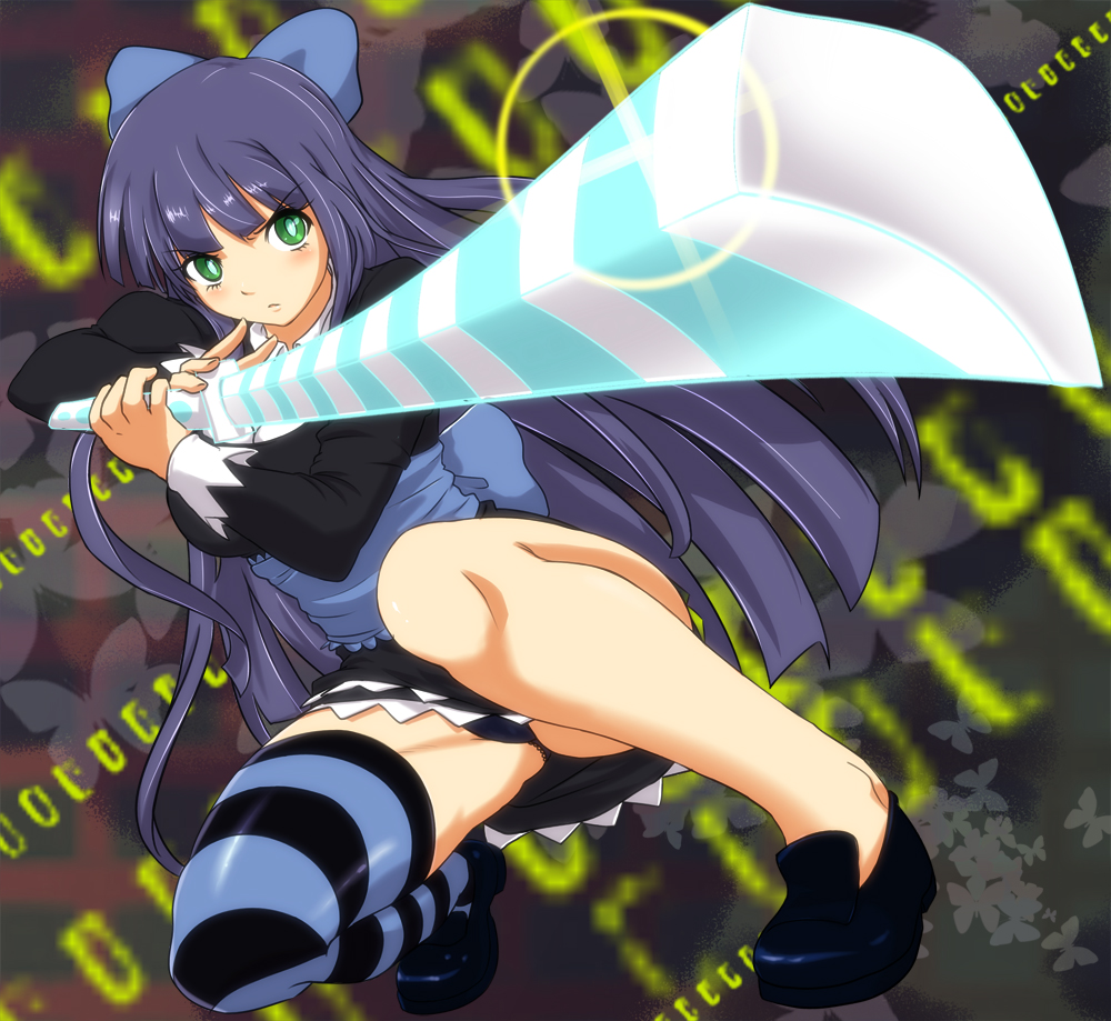 1girl anonimasu bad_id black_panties blue_hair blush green_eyes long_hair panties panty_&amp;_stocking_with_garterbelt ribbon solo stocking_(psg) striped striped_legwear stripes_i_&amp;_ii sword thigh-highs underwear weapon