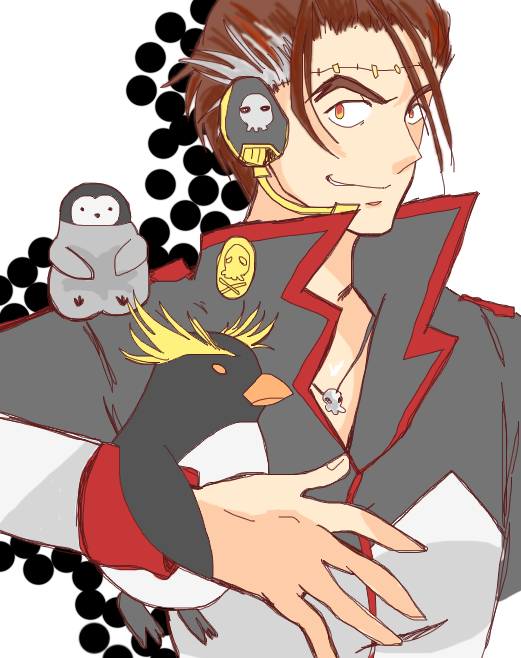 1boy animal big_al bird headphones headset jewelry male_focus multicolored_hair necklace orange_eyes penguin scar solo two-tone_hair vocaloid white_background