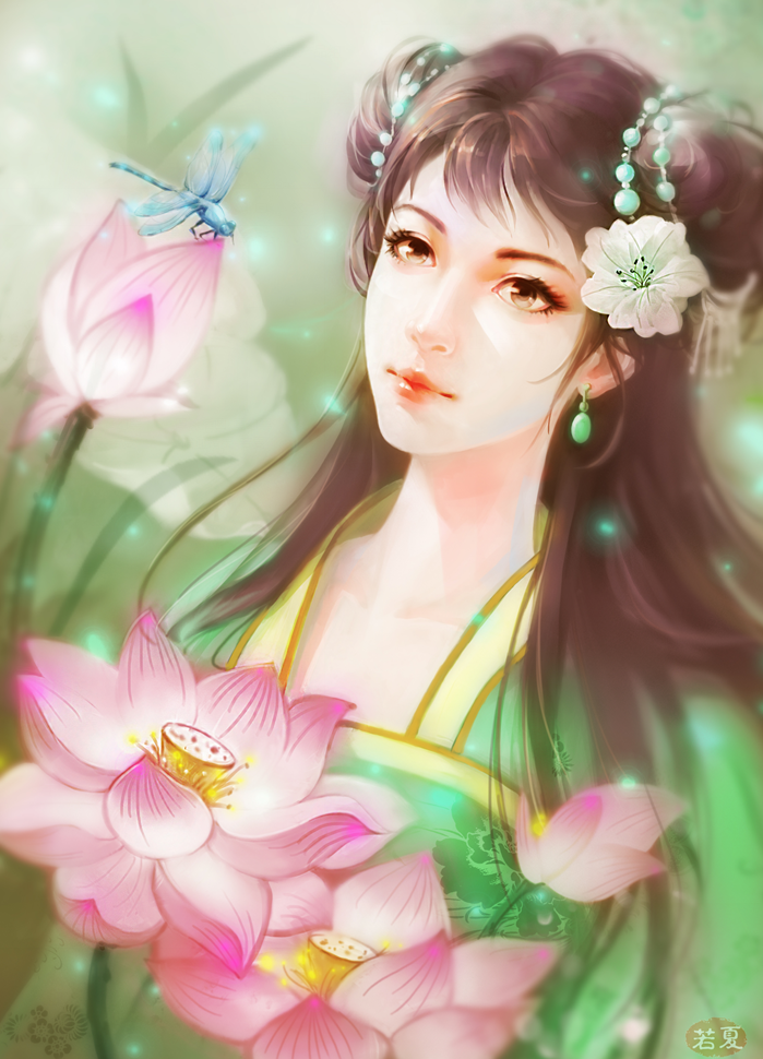 1girl brown_eyes brown_hair chinese_clothes chuuho_kyouiku double_bun dragonfly earrings flower hair_flower hair_ornament insect jewelry solo spring_(season)
