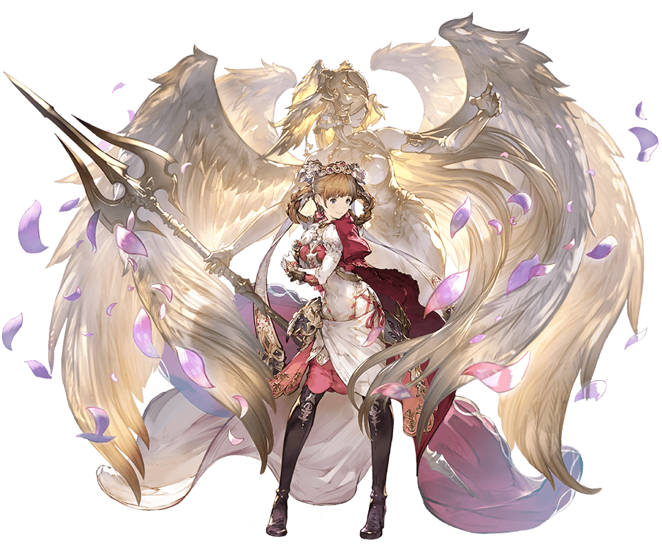 1girl arm_up armlet bangs blue_eyes blunt_bangs boots brown_hair elbow_gloves full_body gloves granblue_fantasy helmet holding holding_weapon juliet_(granblue_fantasy) minaba_hideo petals polearm smile thigh-highs thigh_boots transparent_background trident weapon white_gloves wings