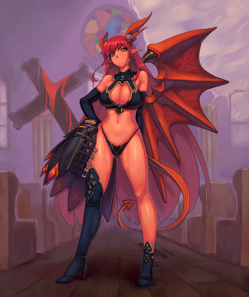 1girl asymmetrical_clothes bare_shoulders blood boots breasts church cleavage cleavage_cutout cross demon_girl demon_tail demon_wings elbow_gloves gloves hand_on_hip high_heels highres hips horns kuri_(kurichan) kurichan large_breasts long_hair lord_of_vermilion midriff navel pew pointy_ears red_eyes redhead sagano_yuuji shoes single_wing skull solo stained_glass succubus succubus_(lord_of_vermilion) tail thigh-highs thigh_boots very_long_hair wings