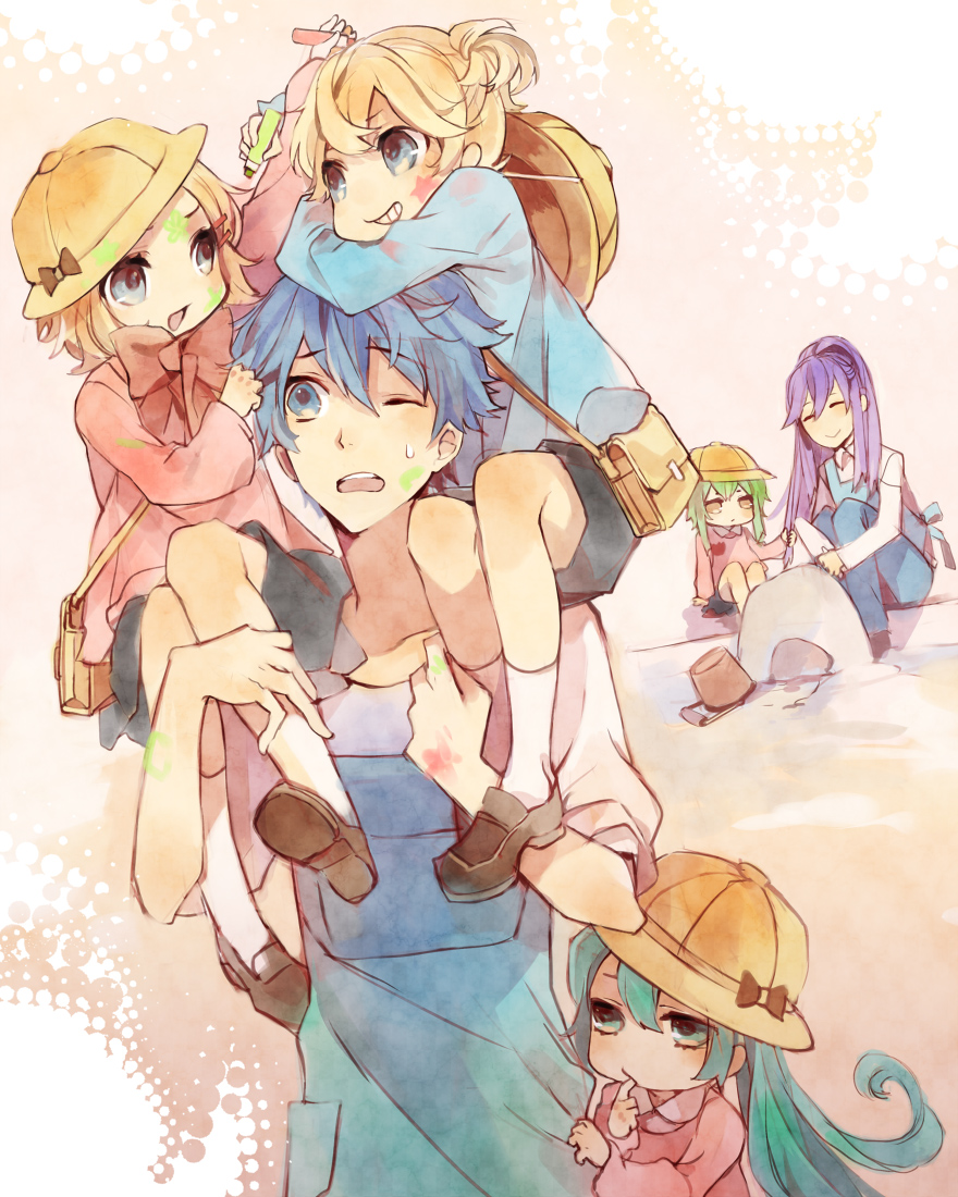 3boys 3girls apron aqua_eyes aqua_hair bag blonde_hair blue_eyes blue_hair bow bucket carrying child d: green_hair grin gumi hair_ornament hairclip hat hatsune_miku kagamine_len kagamine_rin kaito kamui_gakupo kindergarten kindergarten_teacher kindergarten_uniform loafers long_hair marker multiple_boys multiple_girls open_mouth ponytail pulling purple_hair school_hat school_uniform shoes short_hair shoulder_carry sitting smile socks star sweatdrop vocaloid wince worktool younger