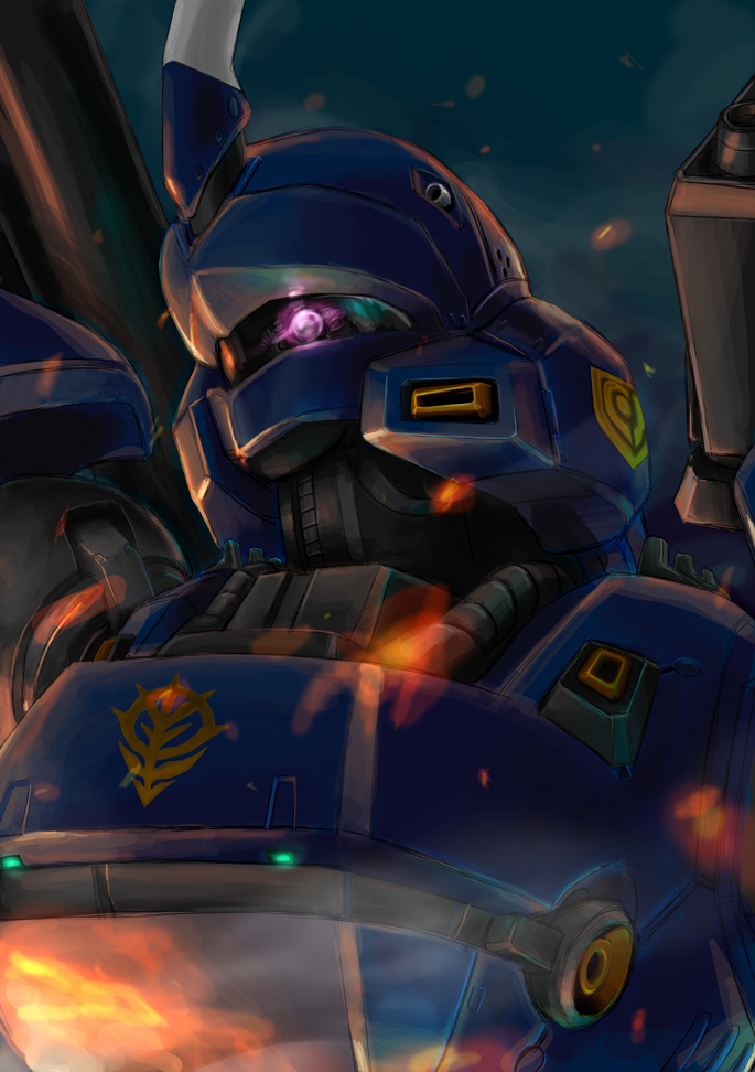 80s close-up embers fire glowing glowing_eyes gundam gundam_0080 kampfer_(mobile_suit) lioh666 mecha portrait