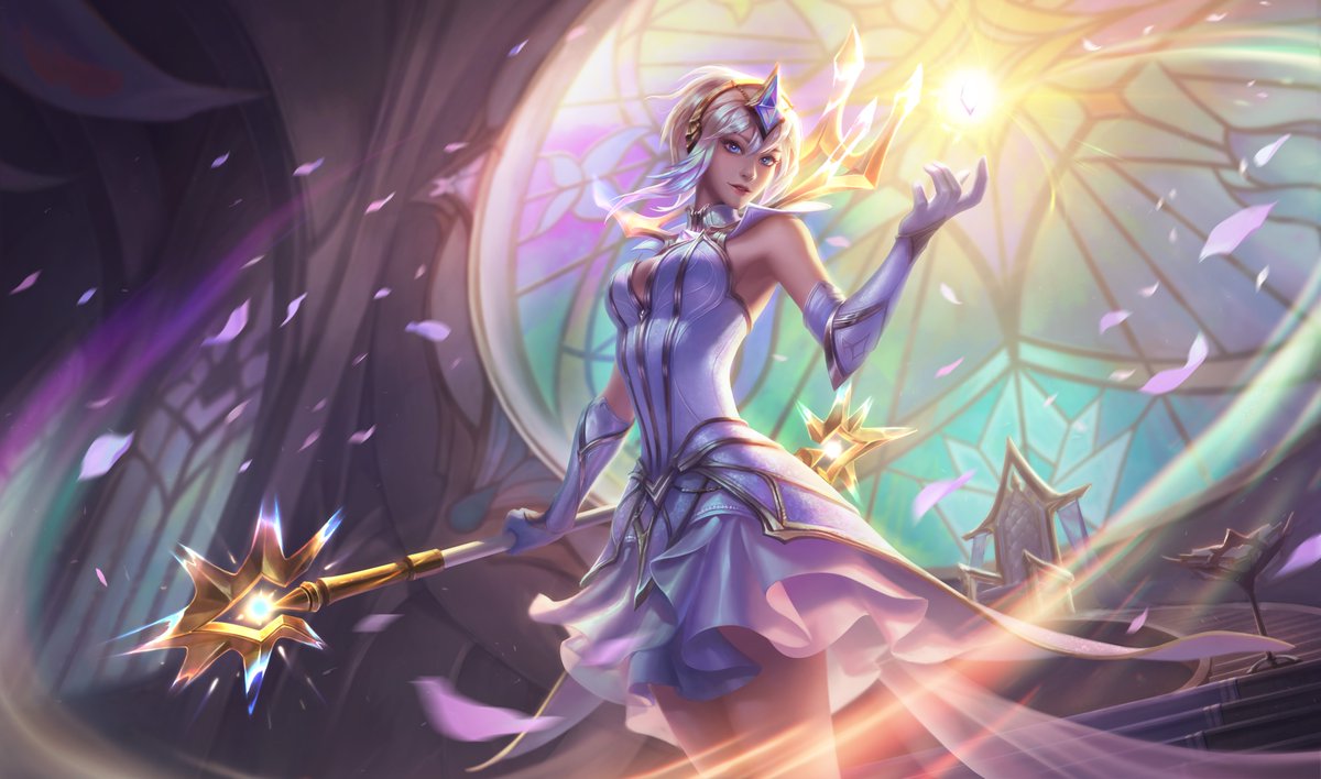 1girl brazier crown crystal dress elementalist_lux gloves league_of_legends luxanna_crownguard official_art petals stained_glass throne tiara wand white_dress
