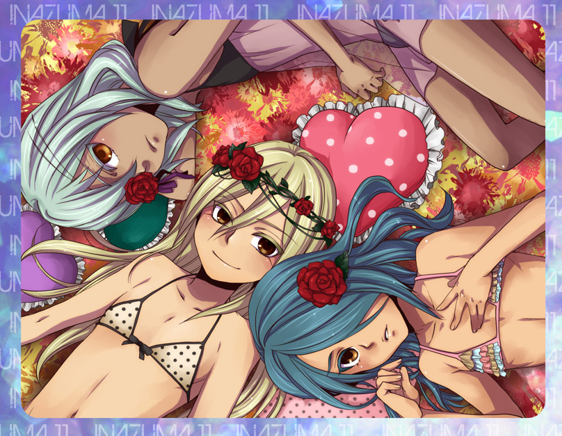 3boys afuro_terumi akb48 androgynous blonde_hair blue_hair bra child crossdressinging eyepatch flower inazuma_eleven inazuma_eleven_(series) kazemaru_ichirouta lingerie lying male_focus multiple_boys parody pillow red_rose rose sakuma_jirou trap underwear white_hair yuzuru_(rapid) yuzuru_(smile)