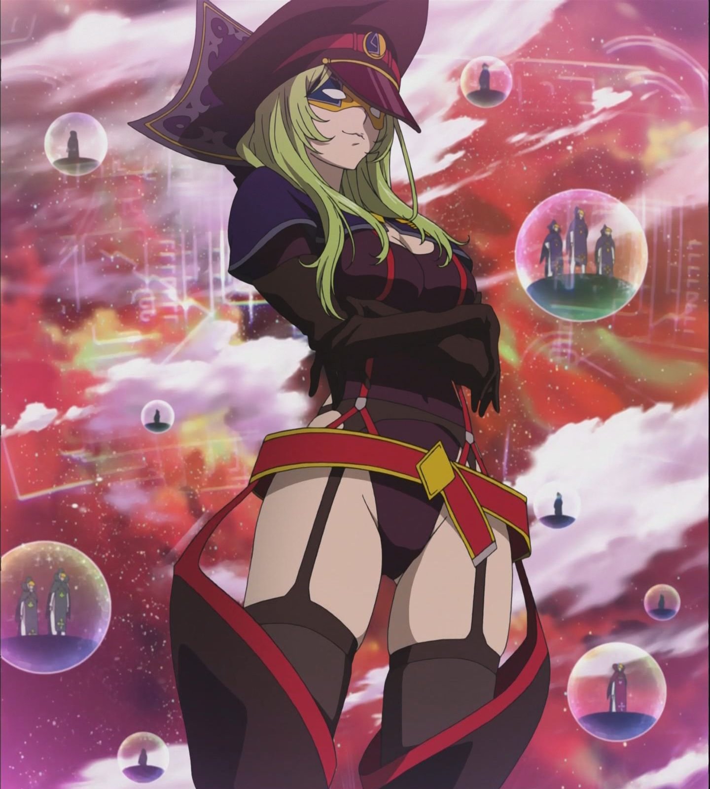 1girl boots cleavage_cutout clouds crossed_arms elbow_gloves garter_belt gloves green_hair hat highres light_smile mask screencap solo standing star star_driver stitched thigh-highs thigh_boots watanabe_kanako