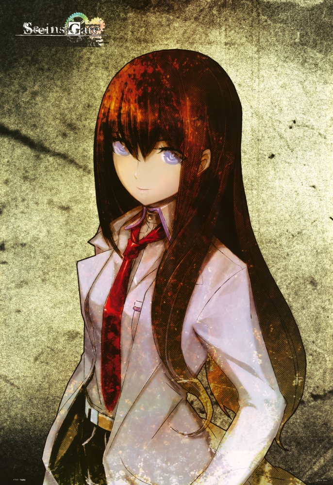 1girl blue_eyes brown_hair formal huke labcoat long_hair makise_kurisu megami megami_creators necktie official_art pant_suit red_necktie scan smile solo steins;gate suit