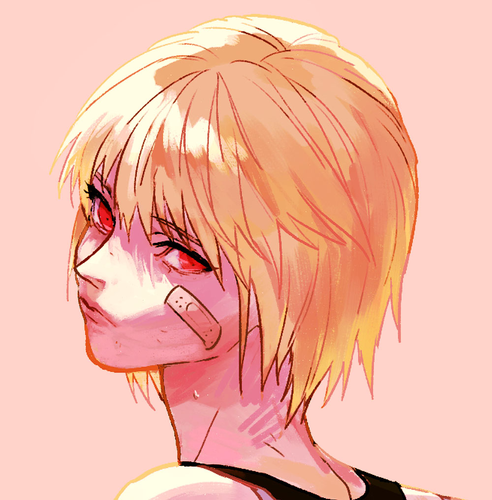 10000lovers 1boy bandaid bandaid_on_face bangs blonde_hair close-up closed_mouth eyebrows eyebrows_visible_through_hair eyelashes face hunter_x_hunter kurapika looking_at_viewer looking_back looking_to_the_side pink_background portrait simple_background sketch solo tank_top