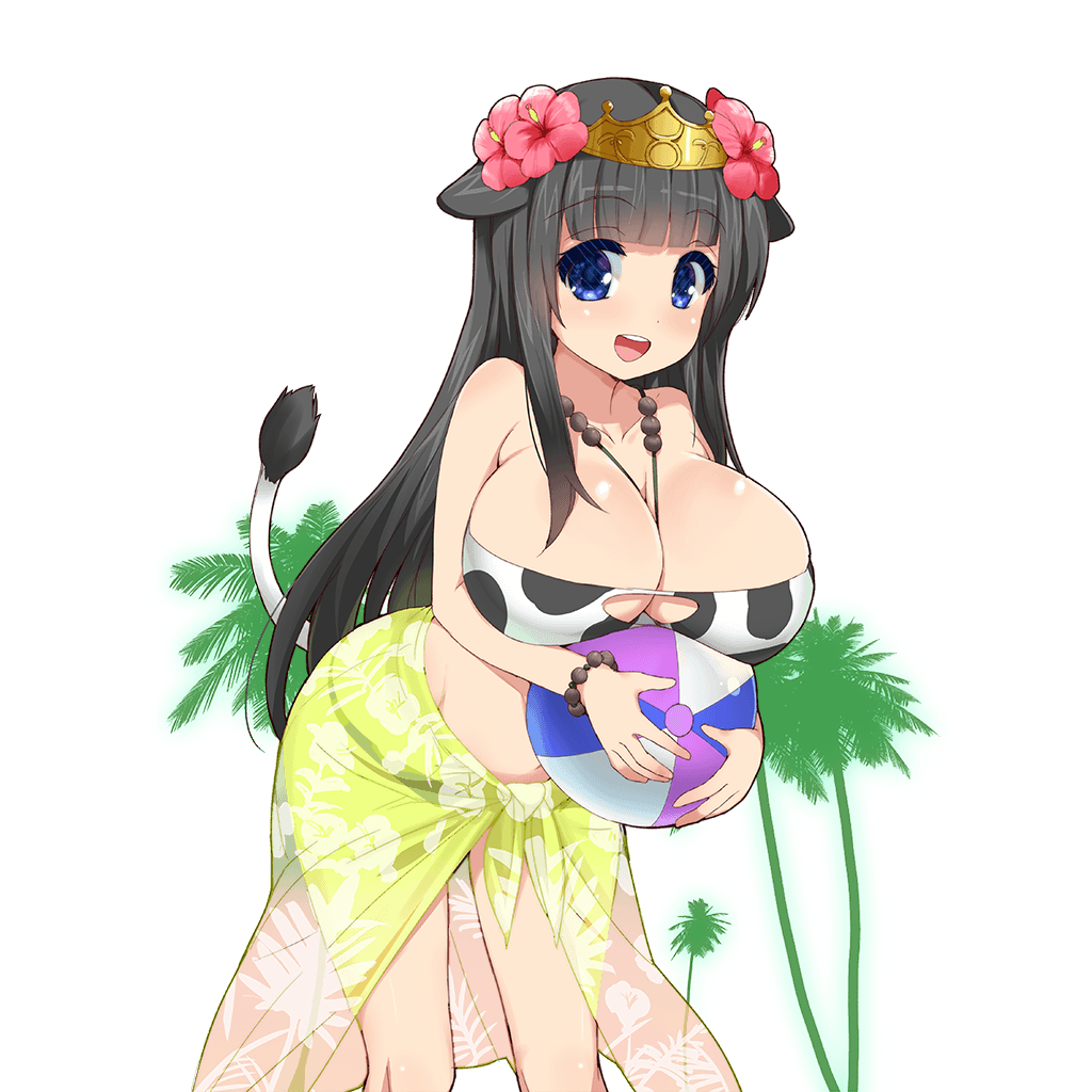 1girl ball beachball between_breasts bikini blue_eyes bracelet breasts cow_print cow_tail flower hair_flaps hair_flower hair_ornament holding jewelry kusaka_souji large_breasts leaning_forward long_hair looking_at_viewer official_art open_mouth palm_tree round_teeth sarong solo swimsuit tail teeth tiara transparent_background tree uchi_no_hime-sama_ga_ichiban_kawaii