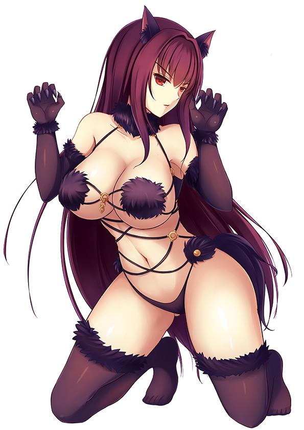 1girl alternate_color animal_ears breasts castle cleavage cosplay elbow_gloves euforia fate/grand_order fate_(series) gloves gluteal_fold halloween_costume kneeling large_breasts legs long_hair looking_at_viewer navel night purple_gloves purple_hair purple_legwear red_eyes scathach_(fate/grand_order) shielder_(fate/grand_order) shielder_(fate/grand_order)_(cosplay) simple_background solo thigh-highs thighs under_boob very_long_hair white_background wolf_ears