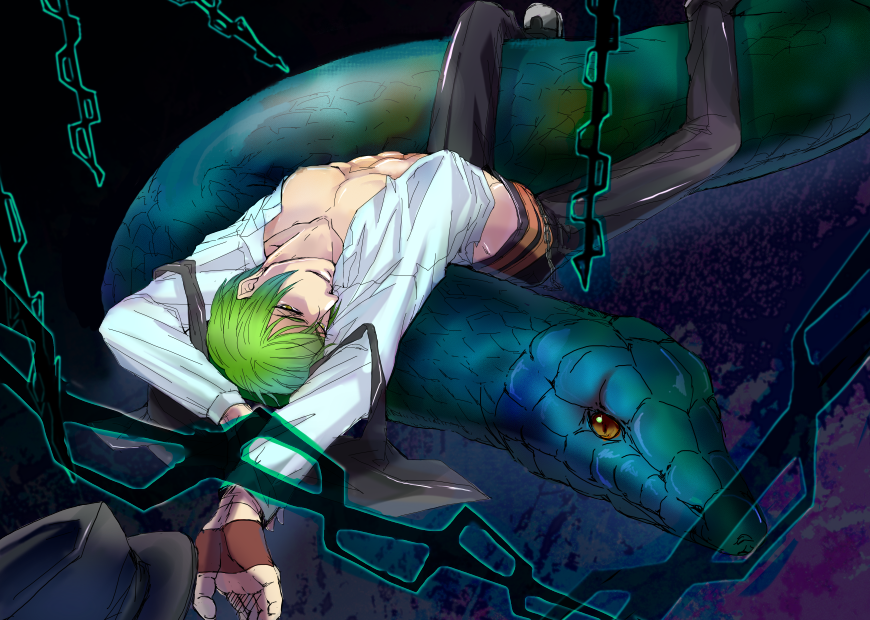 1boy abs arc_system_works arched_back blazblue chains fedora fingerless_gloves gloves green_hair hat hazama leaning_back looking_at_viewer lying male_focus muscle nipples nizimu on_back open_clothes open_shirt shirt short_hair smile snake solo yellow_eyes