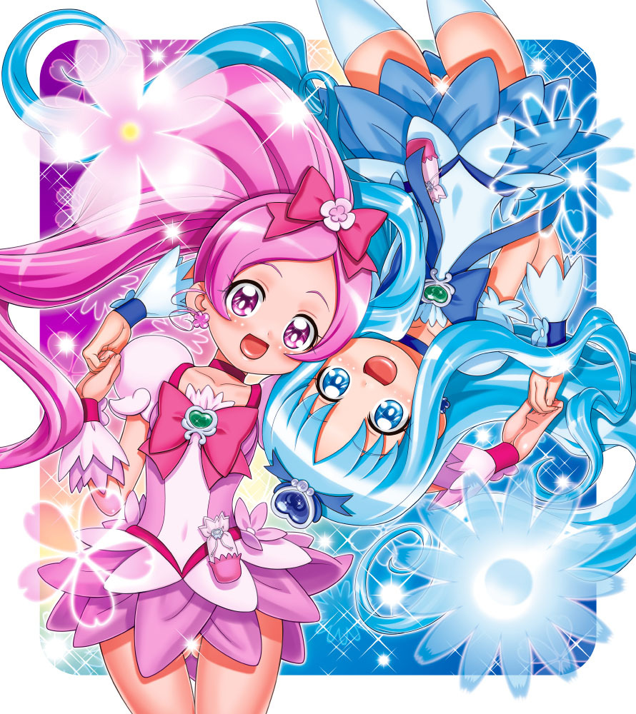 2girls :d blue_eyes blue_hair blue_skirt cure_blossom cure_marine eyelashes gambler_club hair_ribbon hanasaki_tsubomi heartcatch_precure! kousaka_jun kurumi_erika long_hair magical_girl multiple_girls open_mouth pink_eyes pink_hair ponytail precure ribbon rotational_symmetry skirt smile