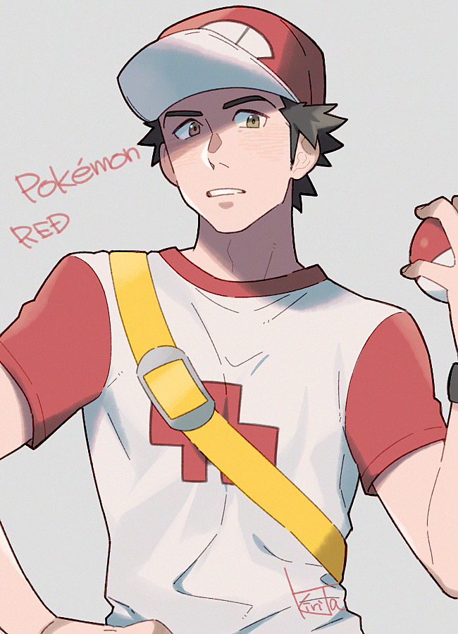 1boy backpack bag baseball_cap brown_eyes character_name grey_background hand_on_hip hat holding holding_poke_ball kiri_futoshi looking_at_viewer male_focus poke_ball pokemon pokemon_(game) pokemon_sm raglan_sleeves red_(pokemon) red_(pokemon)_(sm) shirt signature simple_background solo t-shirt upper_body