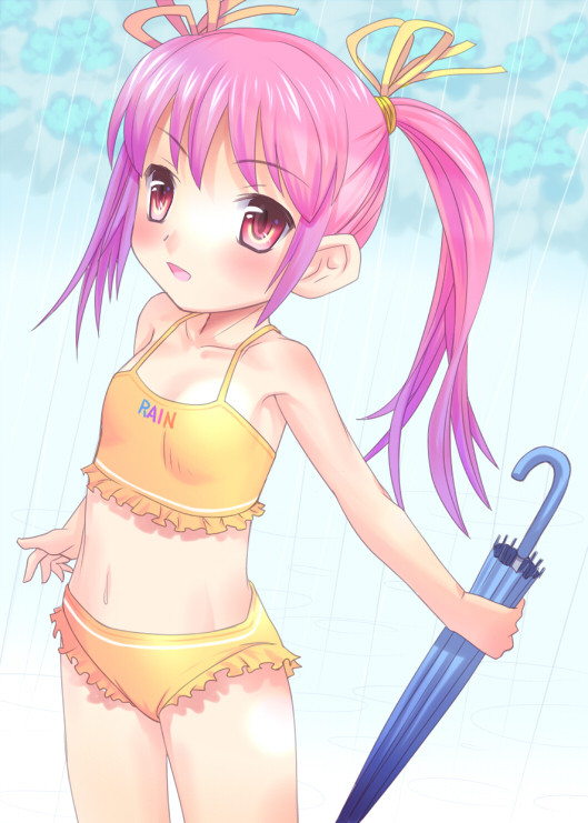 1girl bikini blush child flat_chest long_hair meow_(nekodenki) midriff navel original pink_hair purple_hair rain red_eyes solo swimsuit tankini twintails umbrella violet_eyes