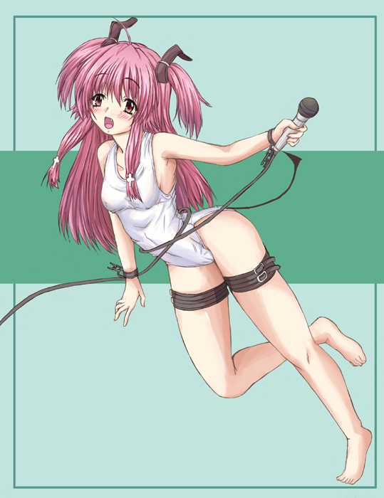 1girl angel_beats! barefoot demon_tail fang long_hair microphone one-piece_swimsuit pink_eyes pink_hair school_swimsuit solo swimsuit tail thigh_strap twintails white_school_swimsuit white_swimsuit yo-jin yui_(angel_beats!)